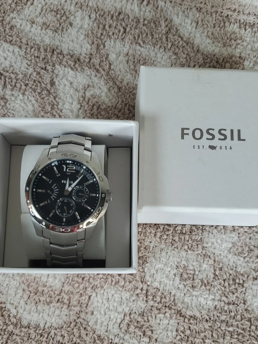 NWT Fossil BQ9419 Men's Stainless Steel Silver Watch with Black Dial